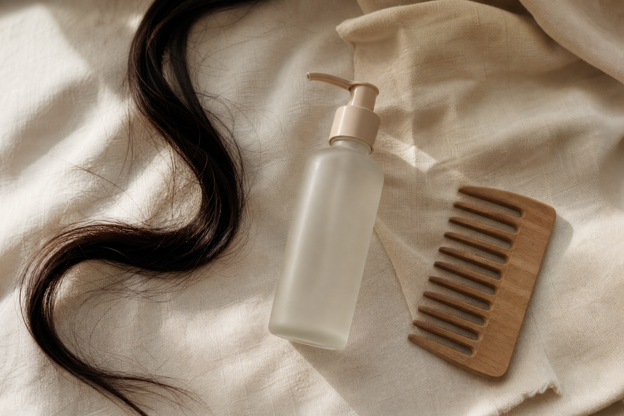 Shampoo bottle and wooden comb for the hair care collection