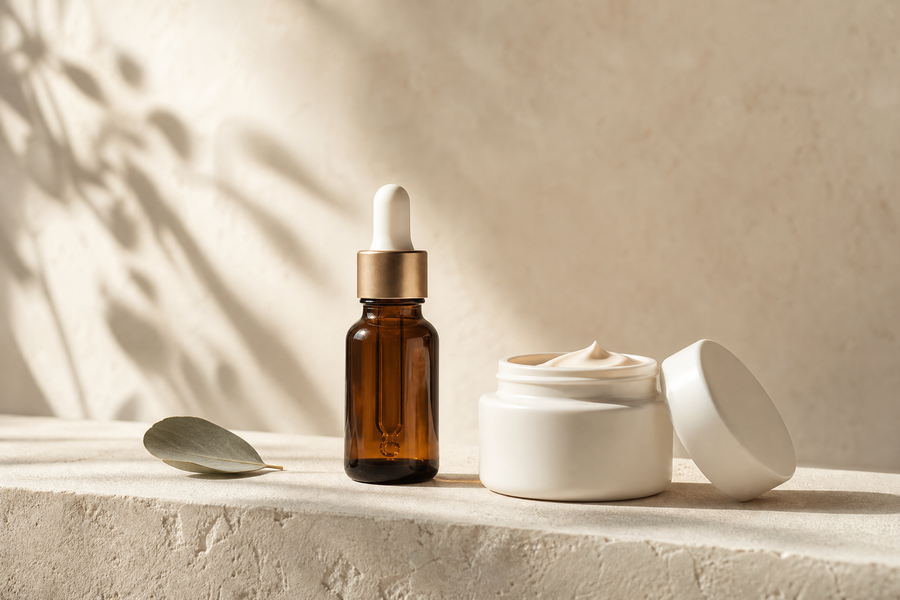 Serum dropper bottle and face cream jar for the skincare collection