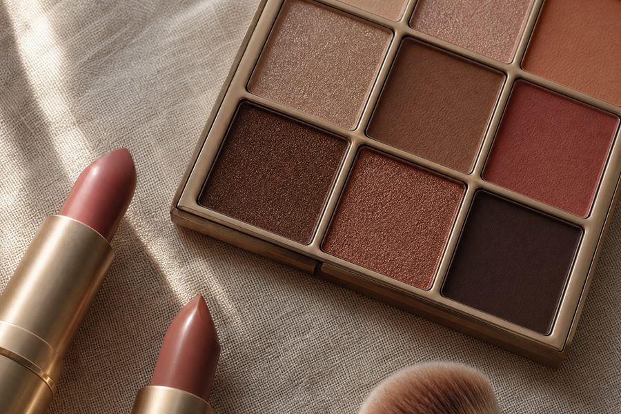 Warm earth-tone eyeshadow palette, nude lipsticks and a makeup brush on linen