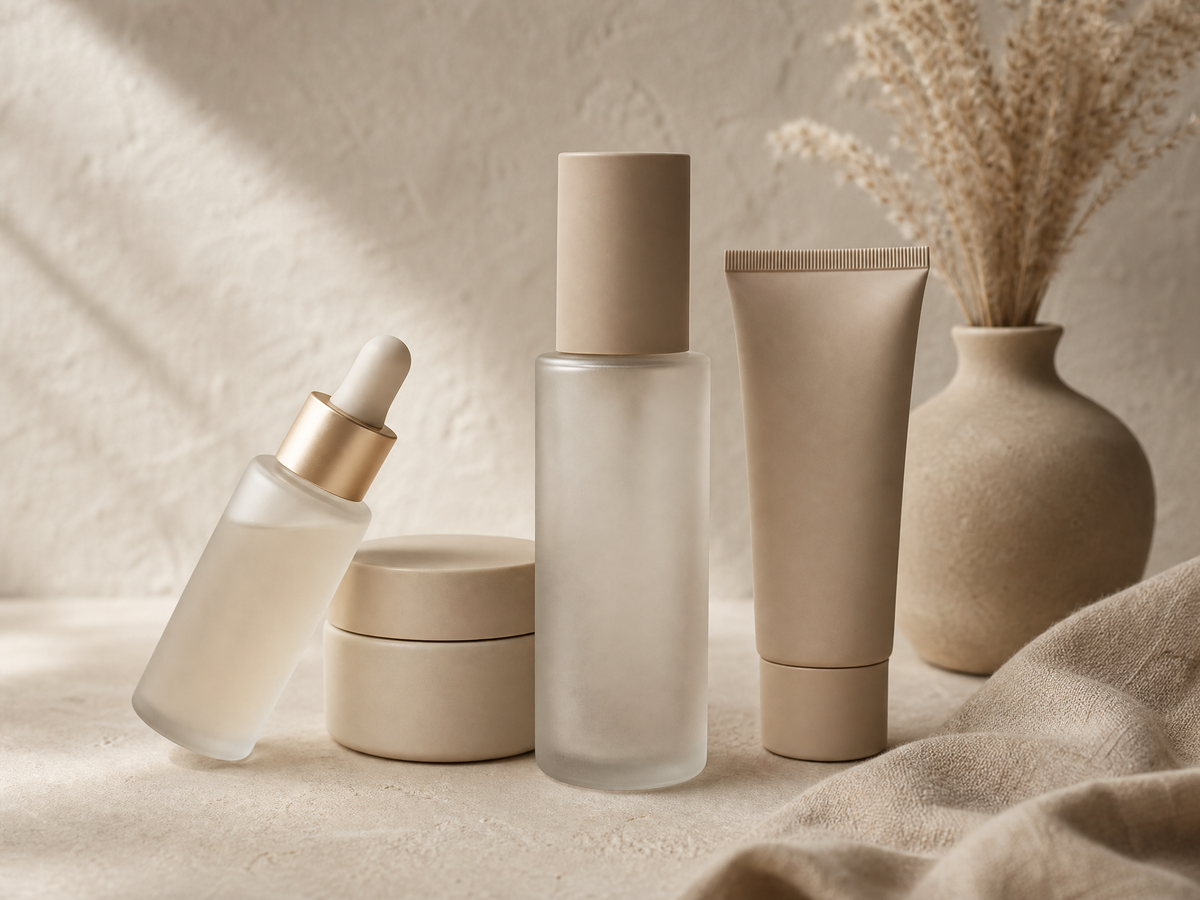 Frosted glass skincare bottles and ceramic jars on a beige linen surface